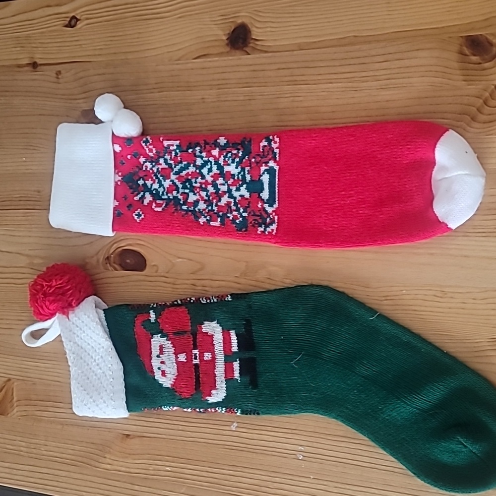 2 machine knitted Christmas stockings